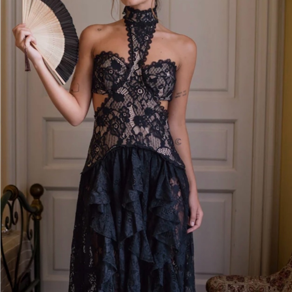 Princesa Black Lace Drop Waist Maxi Dress